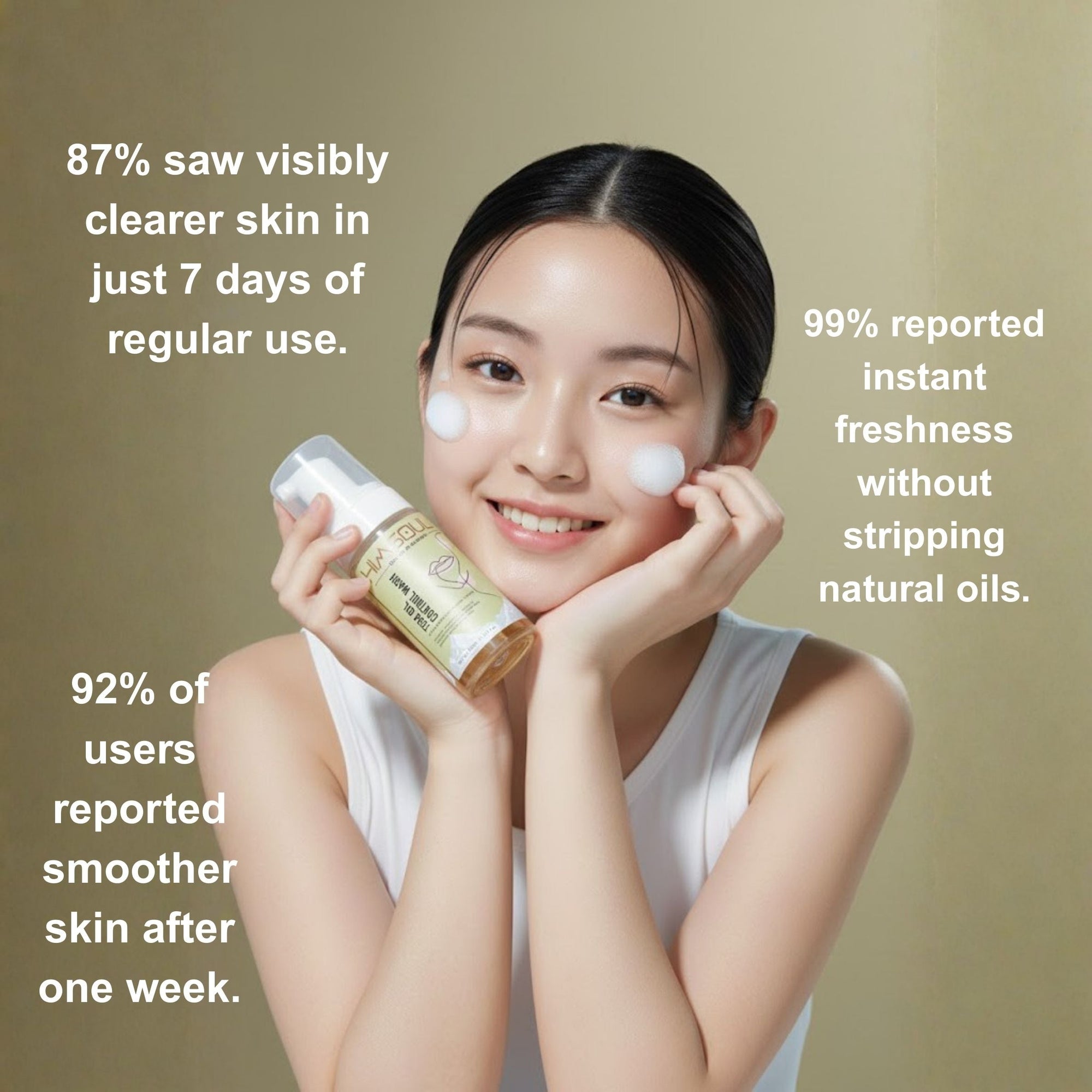 Young girl with clear skin showing 99% instant freshness and 92% smoother skin results after using Himsoul teen cleanser for one week.