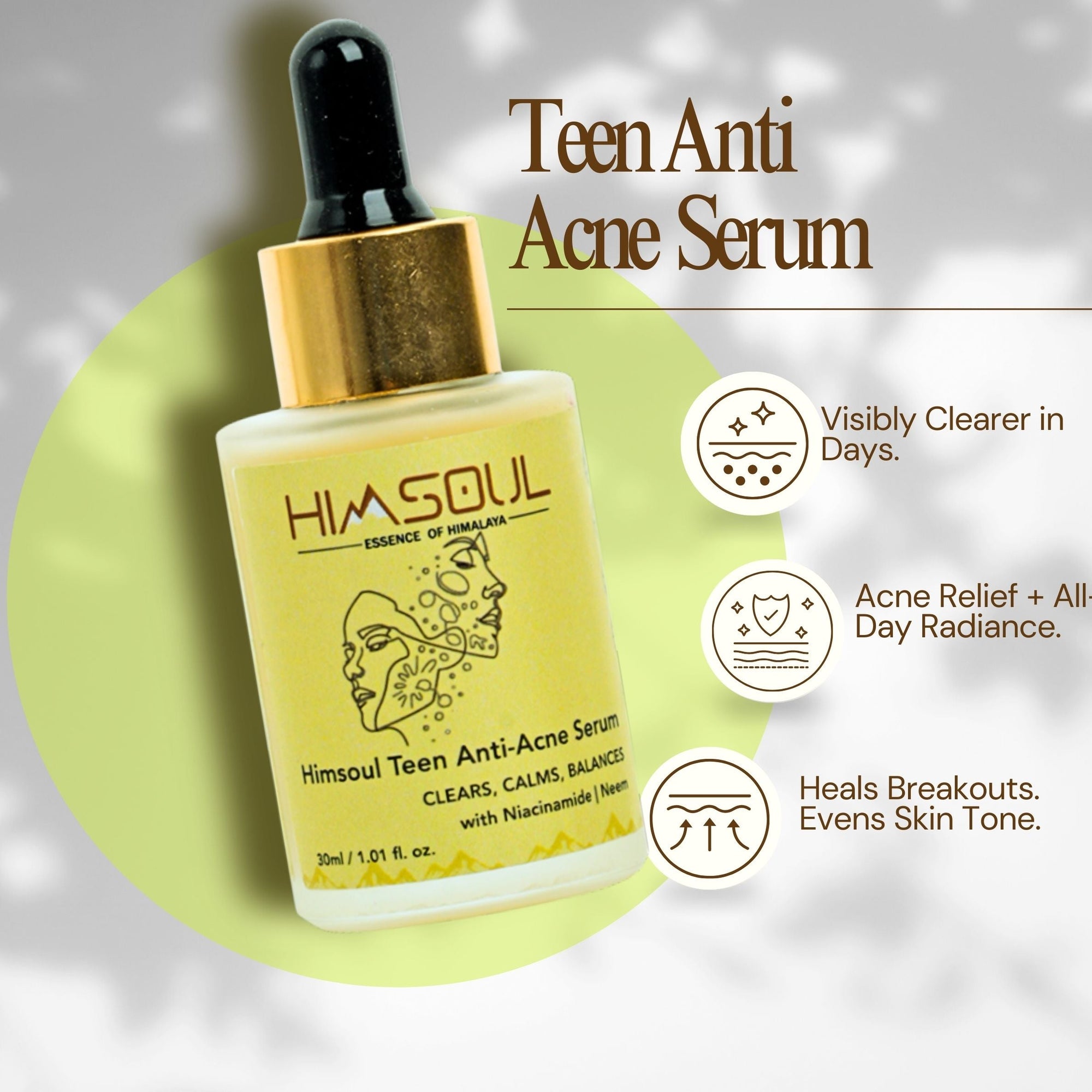 Dermatologist-tested, cruelty-free, and vegan certifications for Himsoul Teen Anti-Acne Serum.