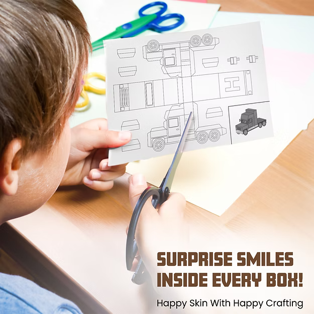 A young child cutting out a paper craft template of a truck with scissors, promoting "Happy Skin With Happy Crafting" and surprises inside every Himsoul product box.