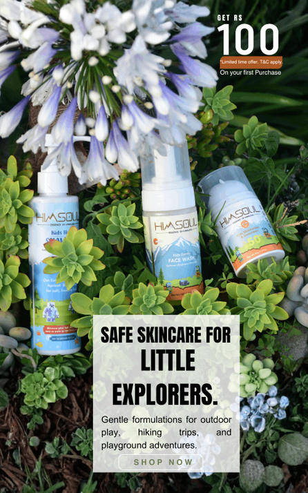 A range of Himsoul skincare products safe for children's skin during outdoor play and travel. Captioned: 'Safe skincare for little explorers.'