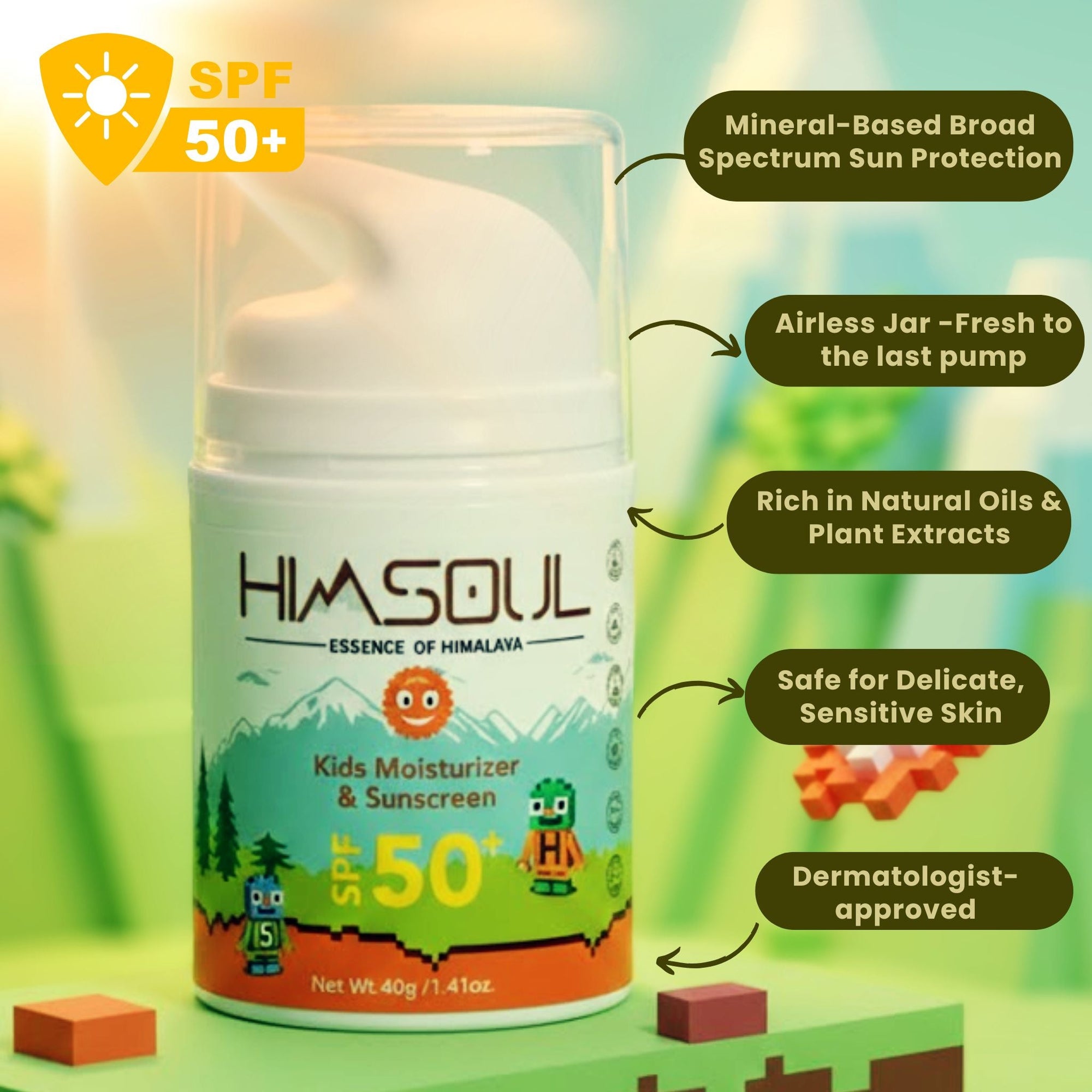 Close-up of Himsoul Kids Moisturizer & Sunscreen SPF 50+ airless pump jar, featuring mineral-based broad spectrum protection and dermatologist-approved formula.
