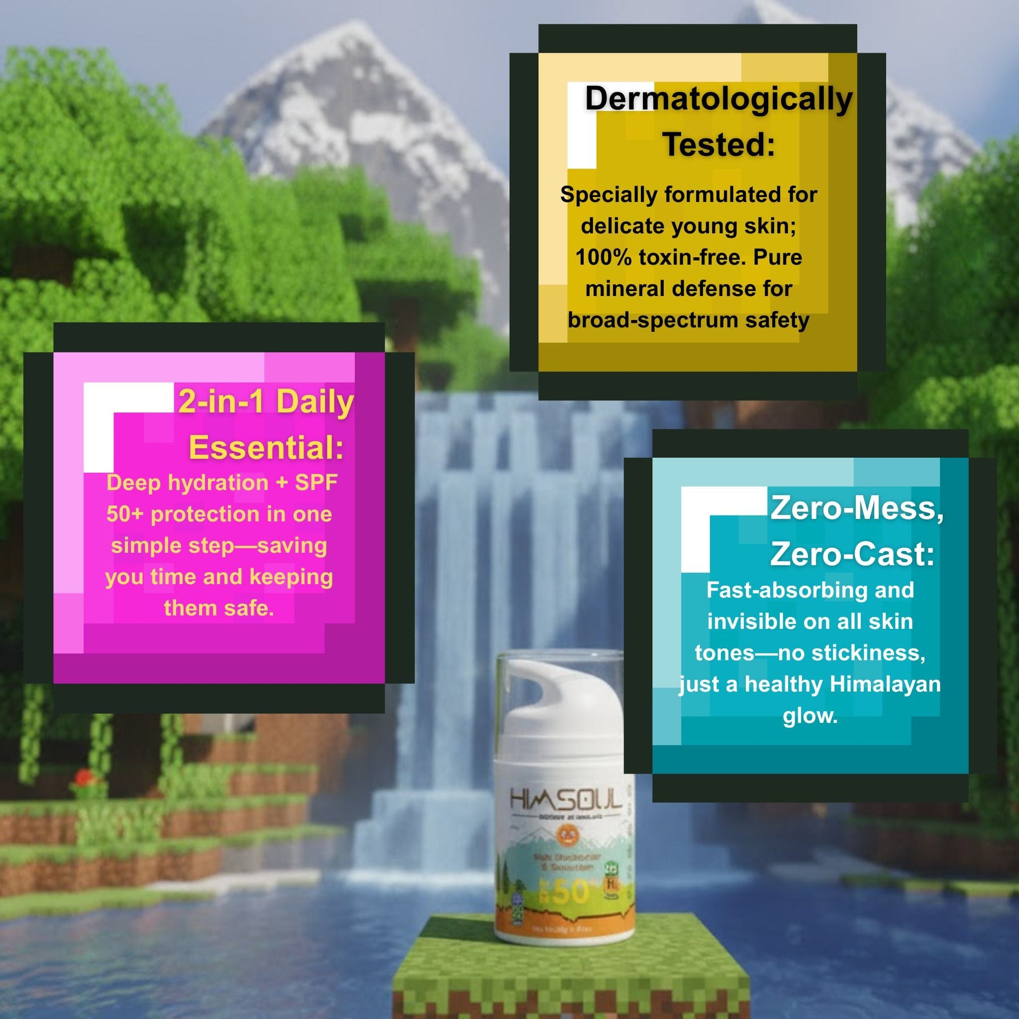 Himsoul 2-in-1 Kids Moisturizer and Sunscreen SPF 50+ set in a Minecraft-themed digital landscape, highlighting features such as deep hydration, 100% toxin-free mineral defense, and a zero-white cast, non-sticky formula.