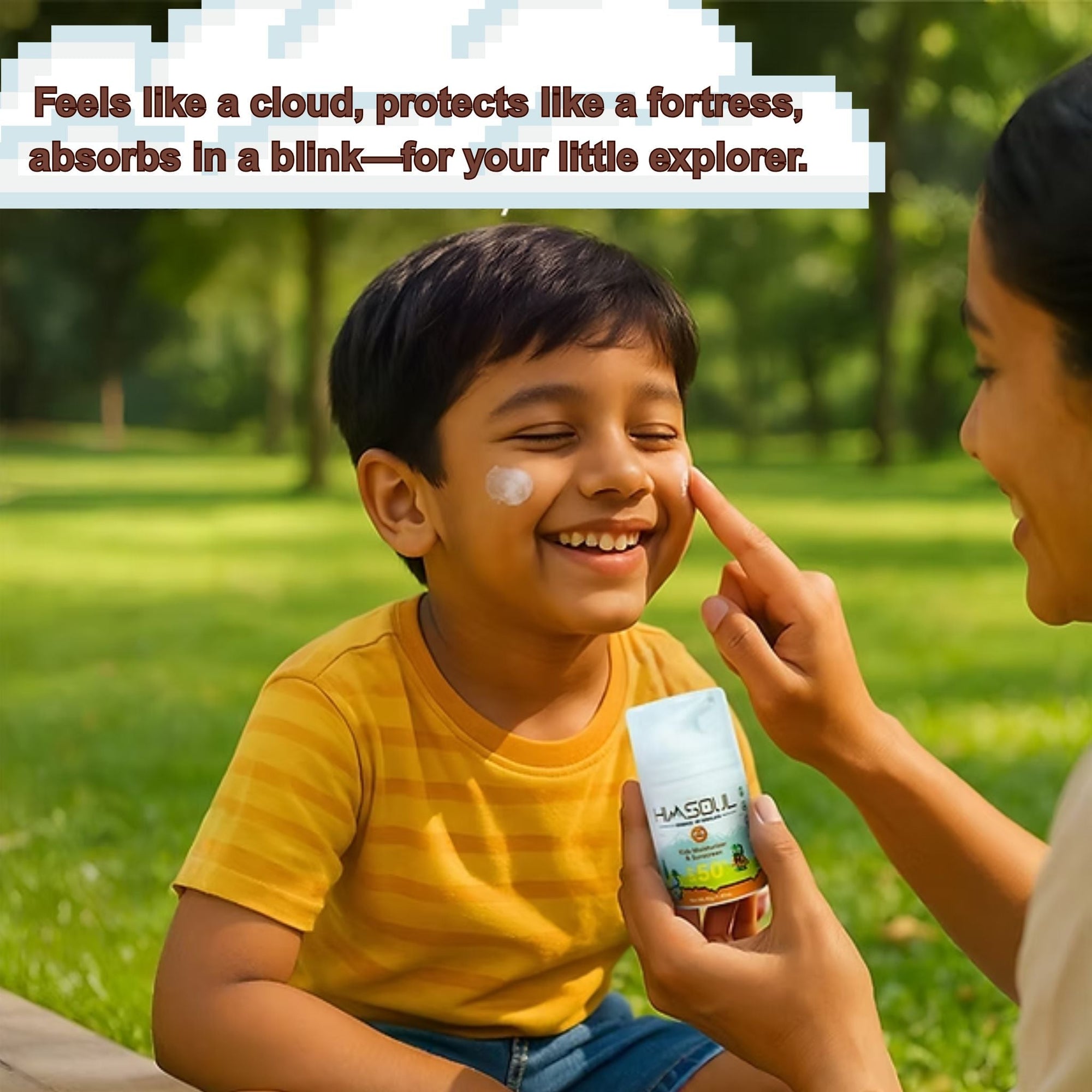 A mother applying Himsoul SPF 50+ sunscreen to her son's cheek outdoors, illustrating the fast-absorbing, non-greasy texture for active children.