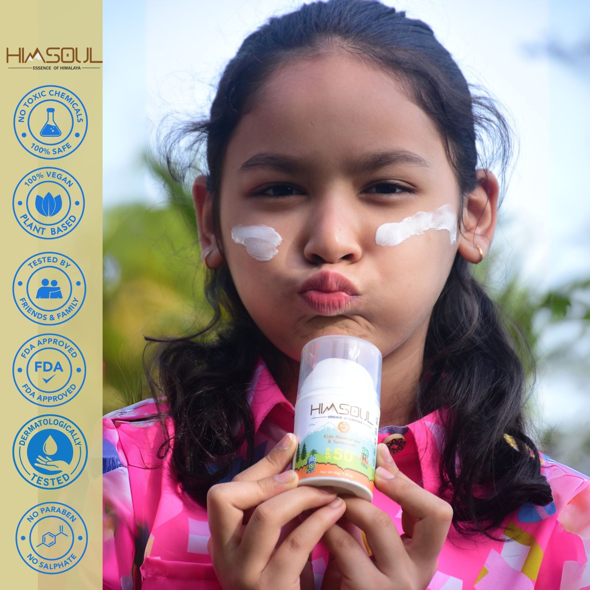 Young girl holding Himsoul sunscreen with certification icons for 100% Vegan, FDA Approved, Dermatologically Tested, and Paraben-Free skincare.