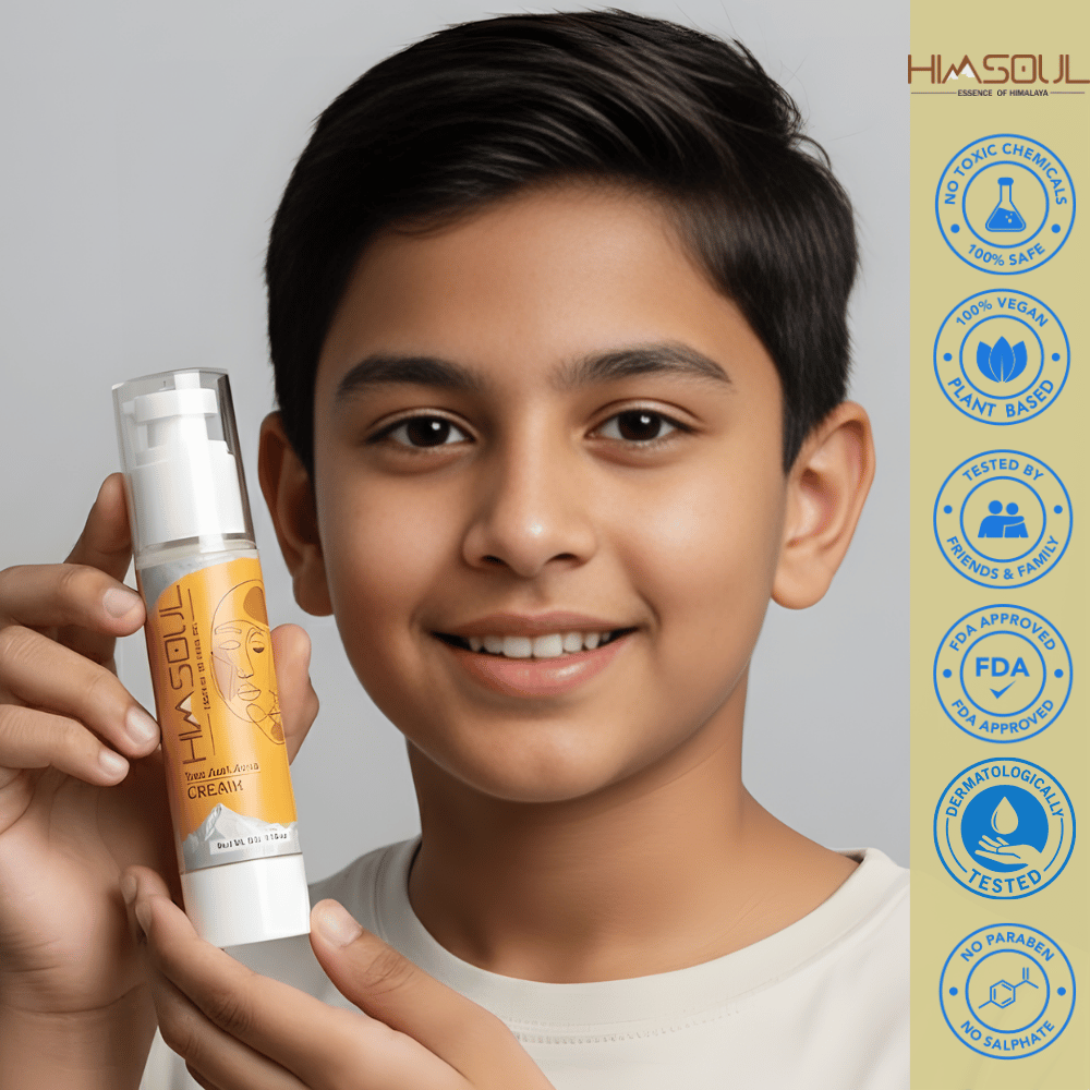 preteen boy presenting Himsoul Teen Anti-Acne Cream highlighting FDA approved and paraben-free skincare for teens.
