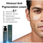 Himsoul Anti-Pigmentation Cream for men shown with 6-in-1 benefits including reducing dark spots, fading hyperpigmentation, and soothing post-shave skin.