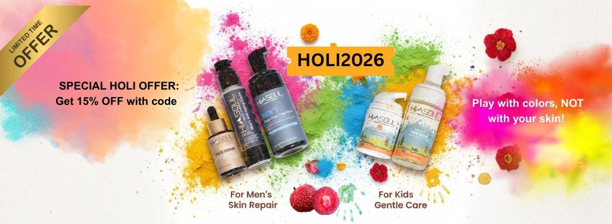 Himsoul Holi 2026 special offer banner featuring 15% off with code HOLI2026 on men's  skin repair and kids' gentle care products.