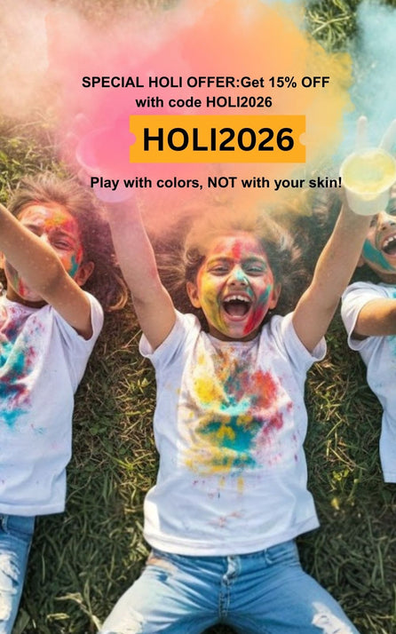 Himsoul Holi special offer mobile banner showing happy kids playing with colors, offering 15% OFF on skincare with code HOLI2026
