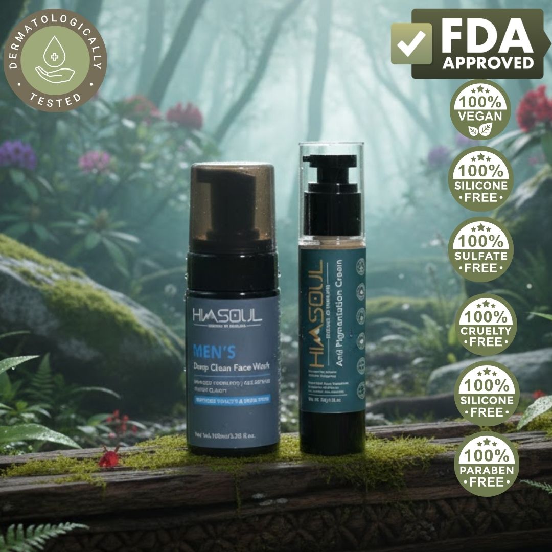 Himsoul Men's Skincare Duo with badges for FDA Approved, 100% Vegan, Dermatologically Tested, and Sulfate-Free certifications in a forest setting.