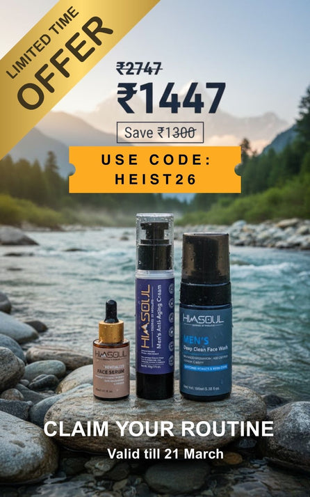 "Himsoul men's skincare routine kit featuring face serum, anti-aging cream, and deep clean face wash on sale for ₹1447.