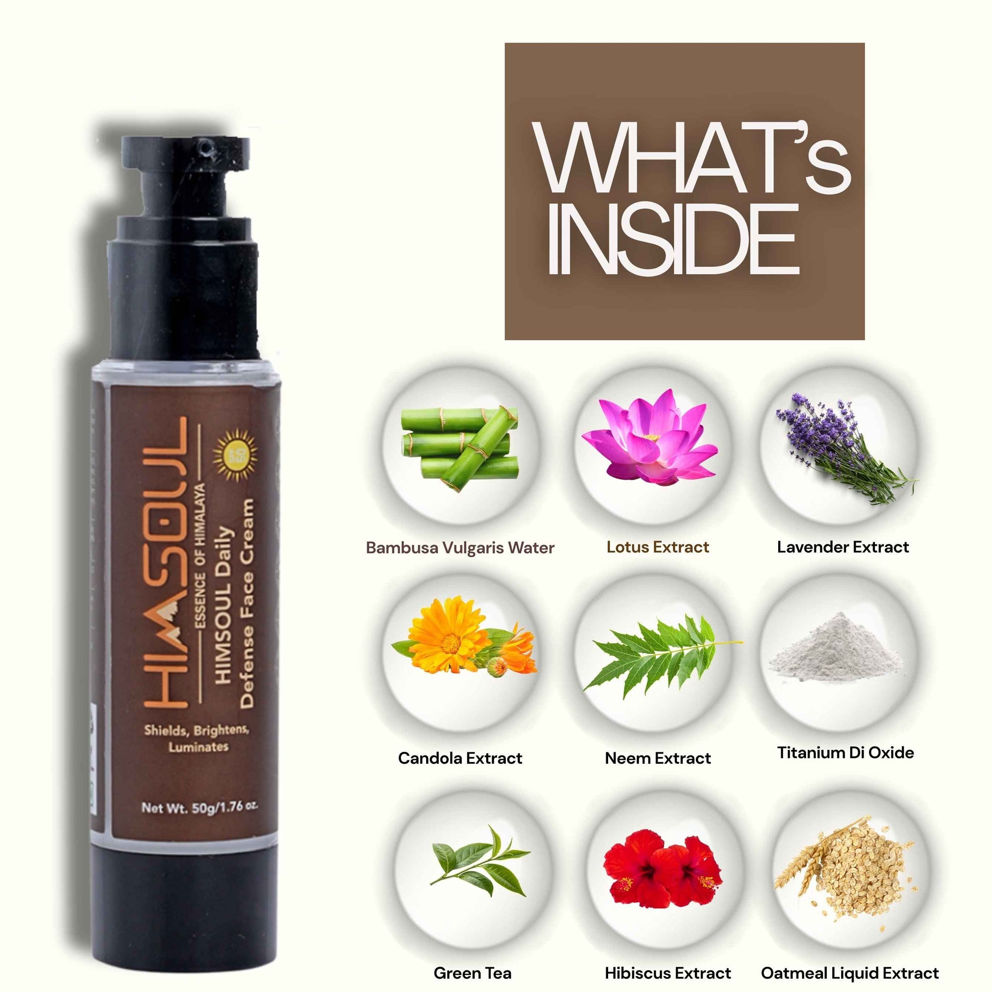 Key natural ingredients in Himsoul Daily Moisturizer: Green Tea antioxidants, Neem purification, and Avocado Oil moisture.