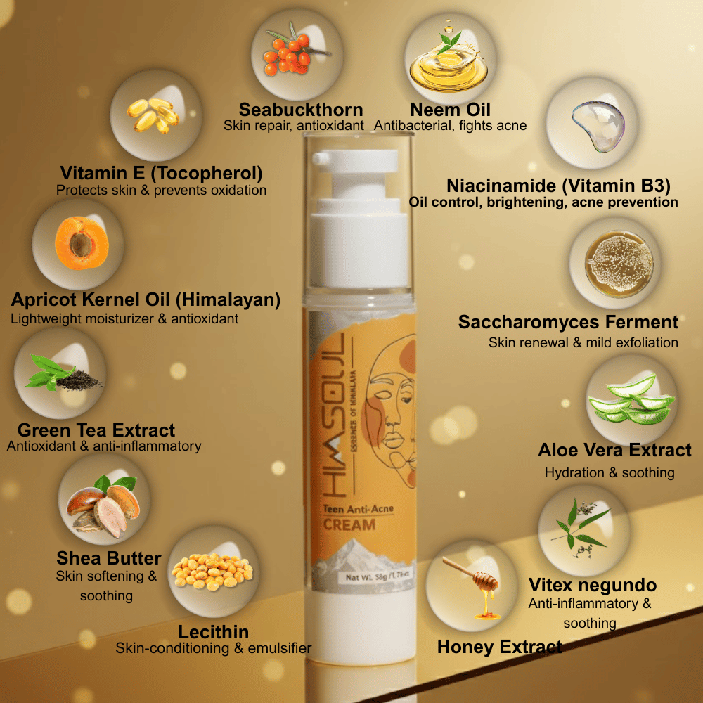 Infographic of Himsoul Teen Anti-Acne Cream ingredients including Neem Oil, Vitamin E, Apricot Kernel Oil, and Aloe Vera., SEABUCKTHRONE