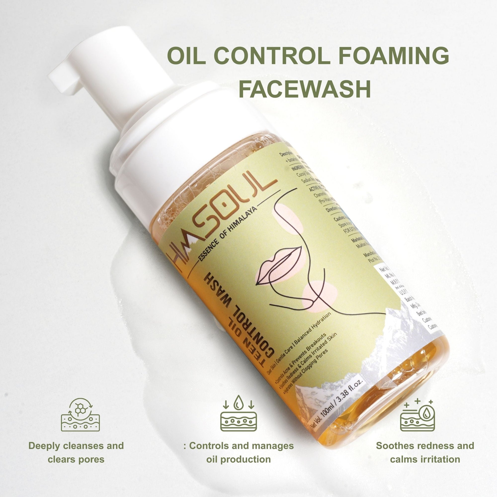 Himsoul foaming teen face wash pump bottle showing deep pore cleansing and oil management benefits for oily skin.