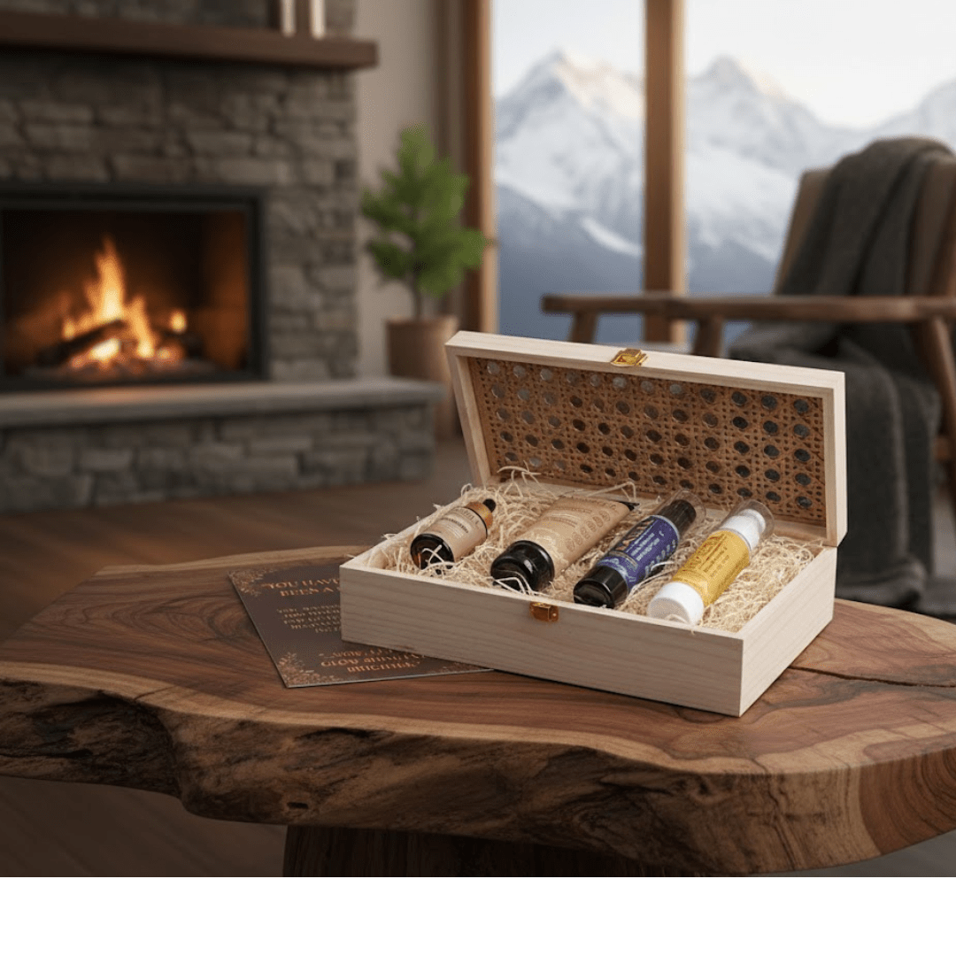 Himsoul R Series products displayed on a  wooden table  with greeting card near fireplace  for a luxury grooming routine.