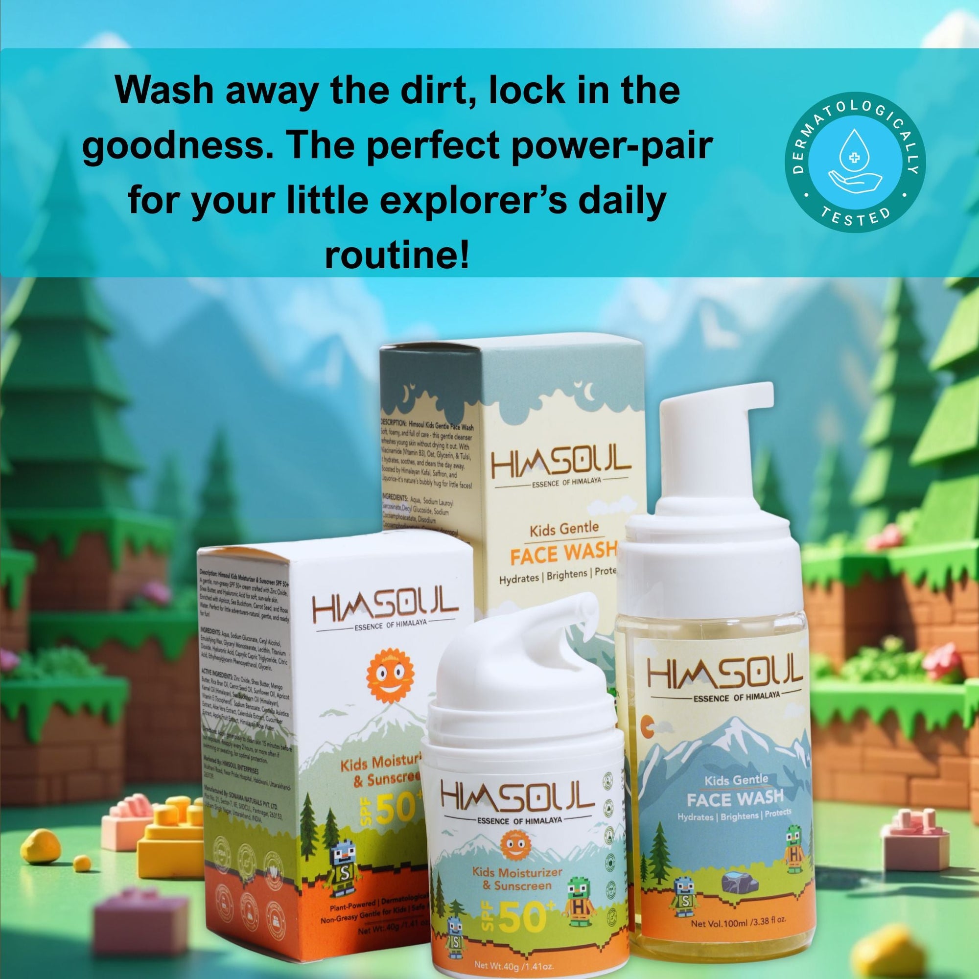 Himsoul Kids Gentle Face Wash and Kids Moisturizer & Sunscreen set displayed with their packaging in a playful, 3D animated forest setting.